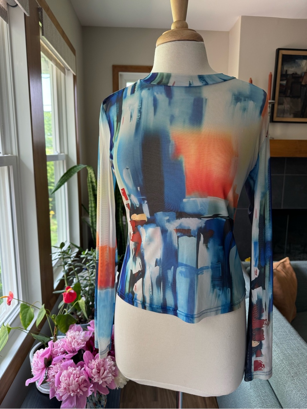Akira Abstract Watercolor Long-Sleeve mesh Women's Top - Blue/Orange